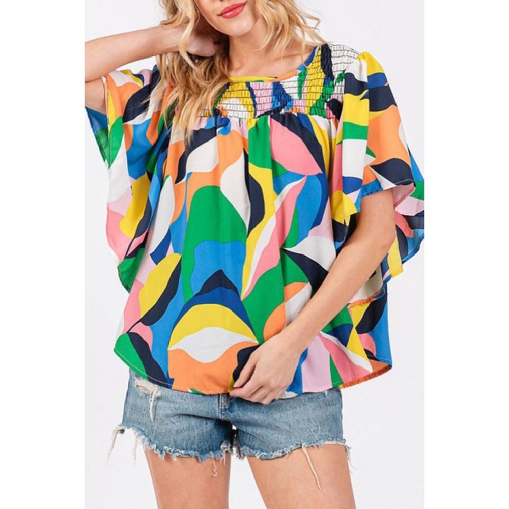 NEW! CES FEMME MULTI PRINT COLORFUL SMOCKED TOP LOOSE FIT BLOUSE!